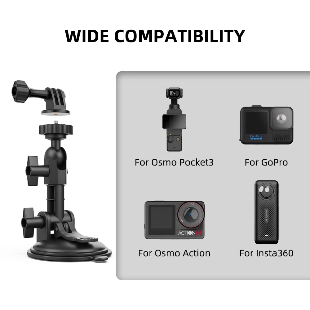 SUREWO Pocket 3 Suction Cup Mount, Car Mount Windshield Dash Holder Kit with Expansion Adapter for DJI Osmo Pocket 3, Go Pro Hero 131211109876, DJI