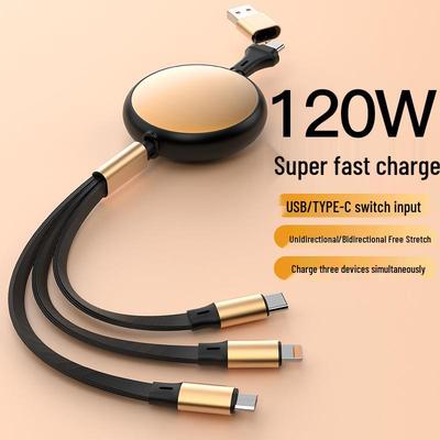 Retractable 3-in-1 Fast Charging Cable for Apple 15/16, Huawei, Xiaomi, and Type-C with Adjustable Car Storage