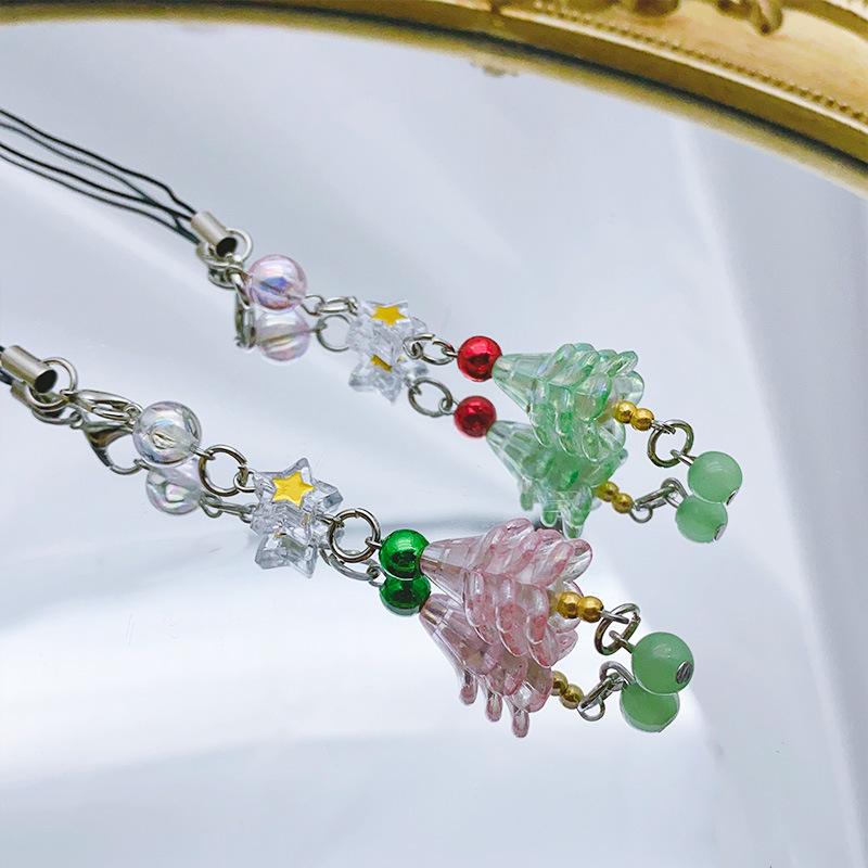 Christmas Tree Beaded Phone Chain Pendant Cute Beaded Mobile Phone Keyring Camera Hanging Decoration Xmas Gifts