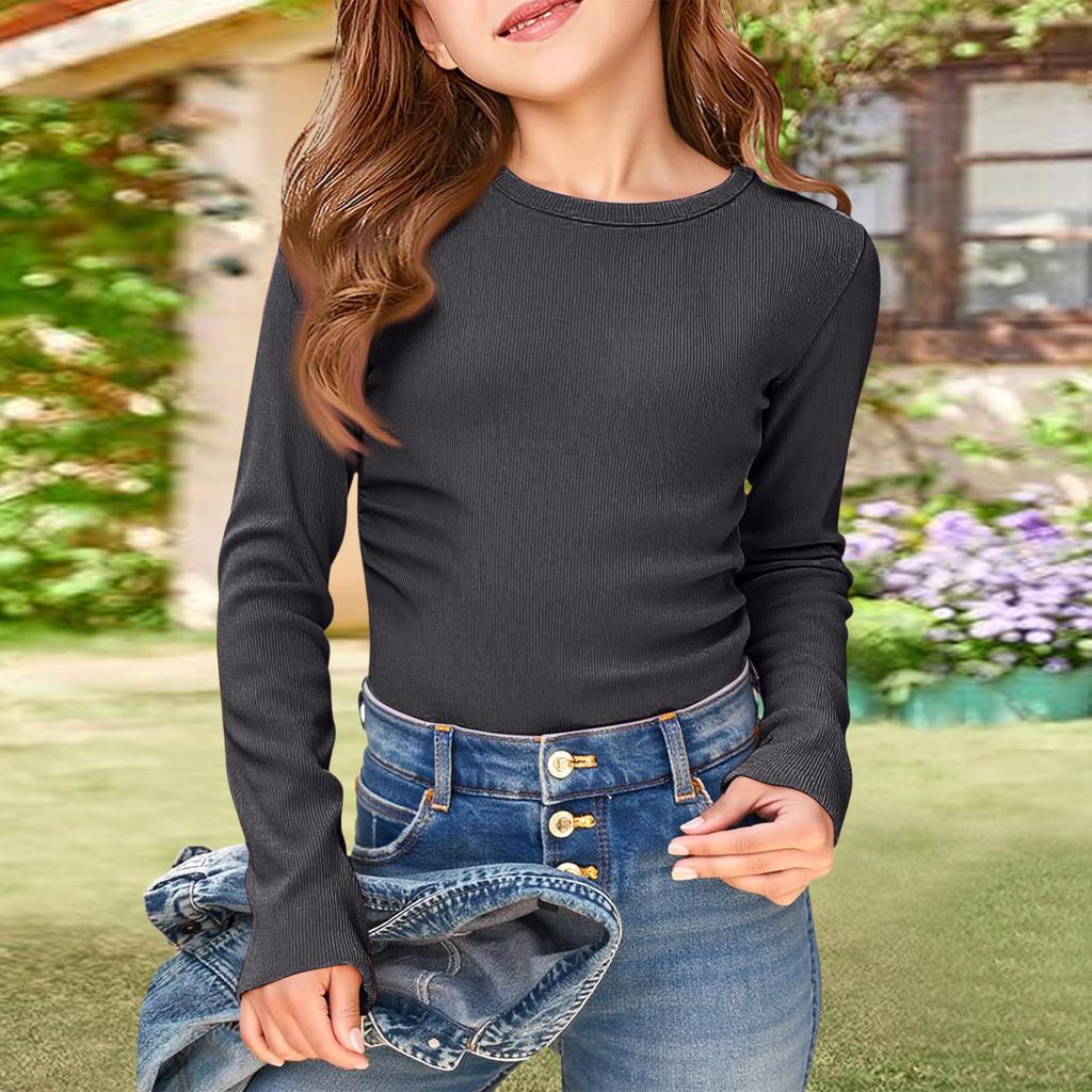 Girls' Ribbed Tee - Long Sleeve Round Neck Casual Top