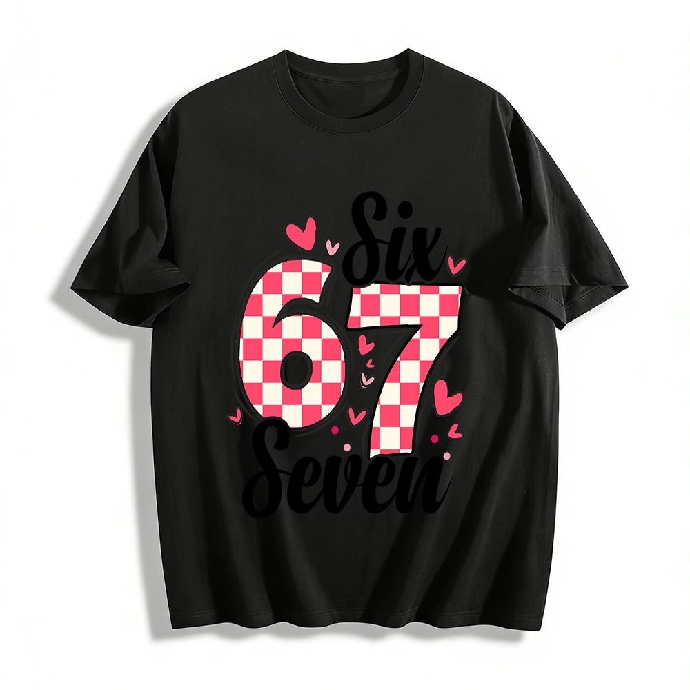 

Checkered Number 6 7 Heart Print Casual Top For Adults Kids Pure cotton T-shirt XXS