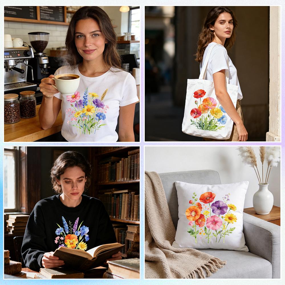 8Pcs 8 Styles Plastic Heat Transfer Film Logo Stickers Set for DIY T-Shirt Flower 195~199x170~197mm 1pc/style