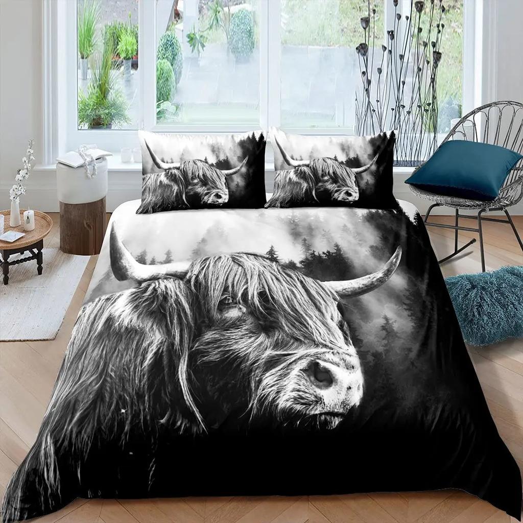 Cartoon Highland Cow Duvet Cover Set Western Animal Bedding Set 3D Ocean Bull Cattle Comforter Cover Floral Branches Quilt Cover