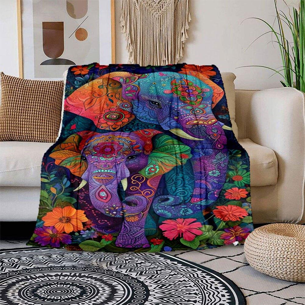 Colorful Elephant Family Art Print - Bohemian Floral DecorBlanket Flannel Throw Blanket for Sofa, Bed, Travel, Camping, Office, Couch, Chair
