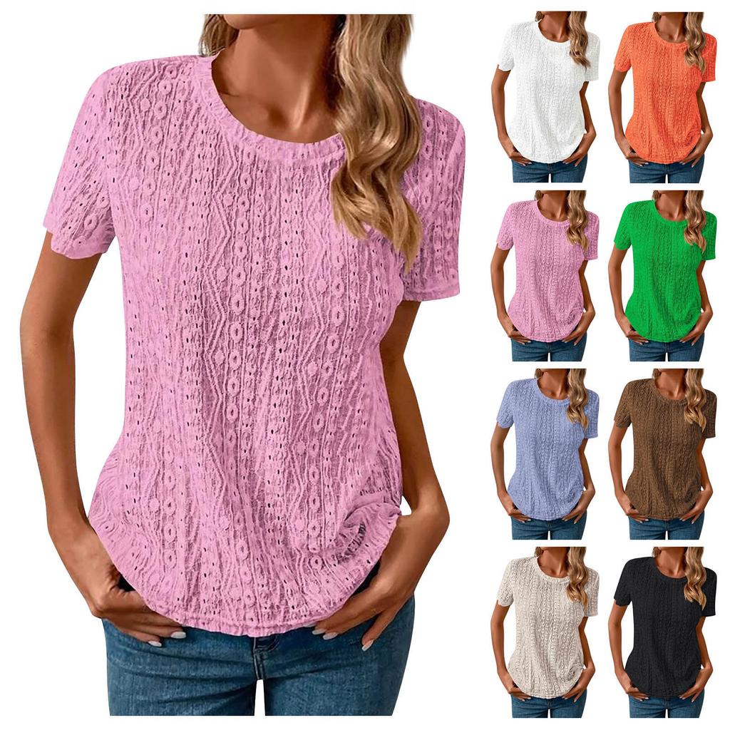 Women's Fashion Casual Color Round Neck Hollow Short Sleeve T-Shirt