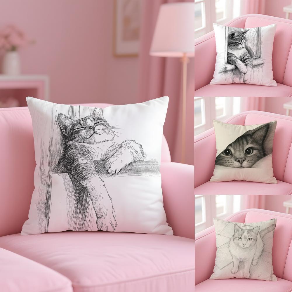 Cat Sketch Cushion Cover Short Plush Double-Sided Printing Home Machine Washable In Warm Winter Pillow Cover