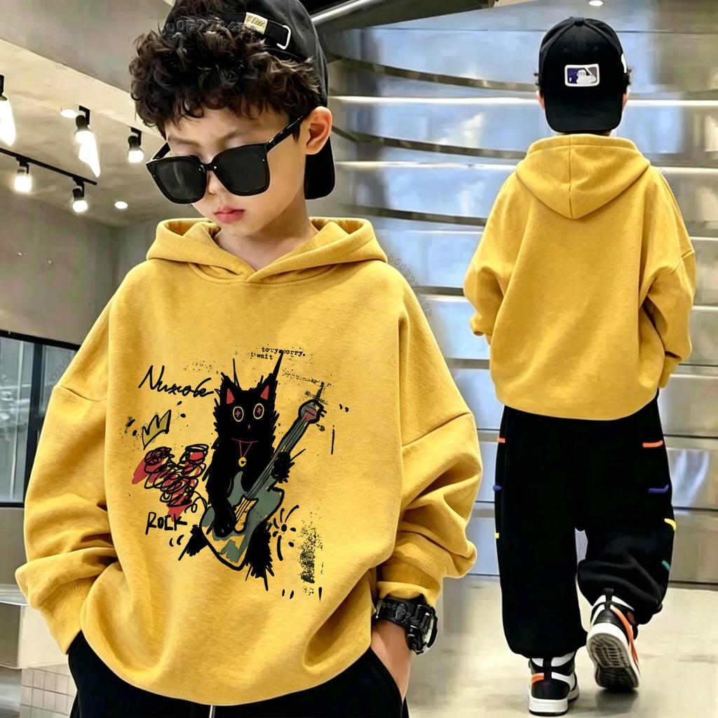 Kinder-Kapuzenpullover. Neuer Herbst-Winter-Stil. Cooles Kapuzenshirt im Graffiti-Stil mit Rock-Schwarzkatzen-Gitarren-Buchstaben-Malerei-Print.