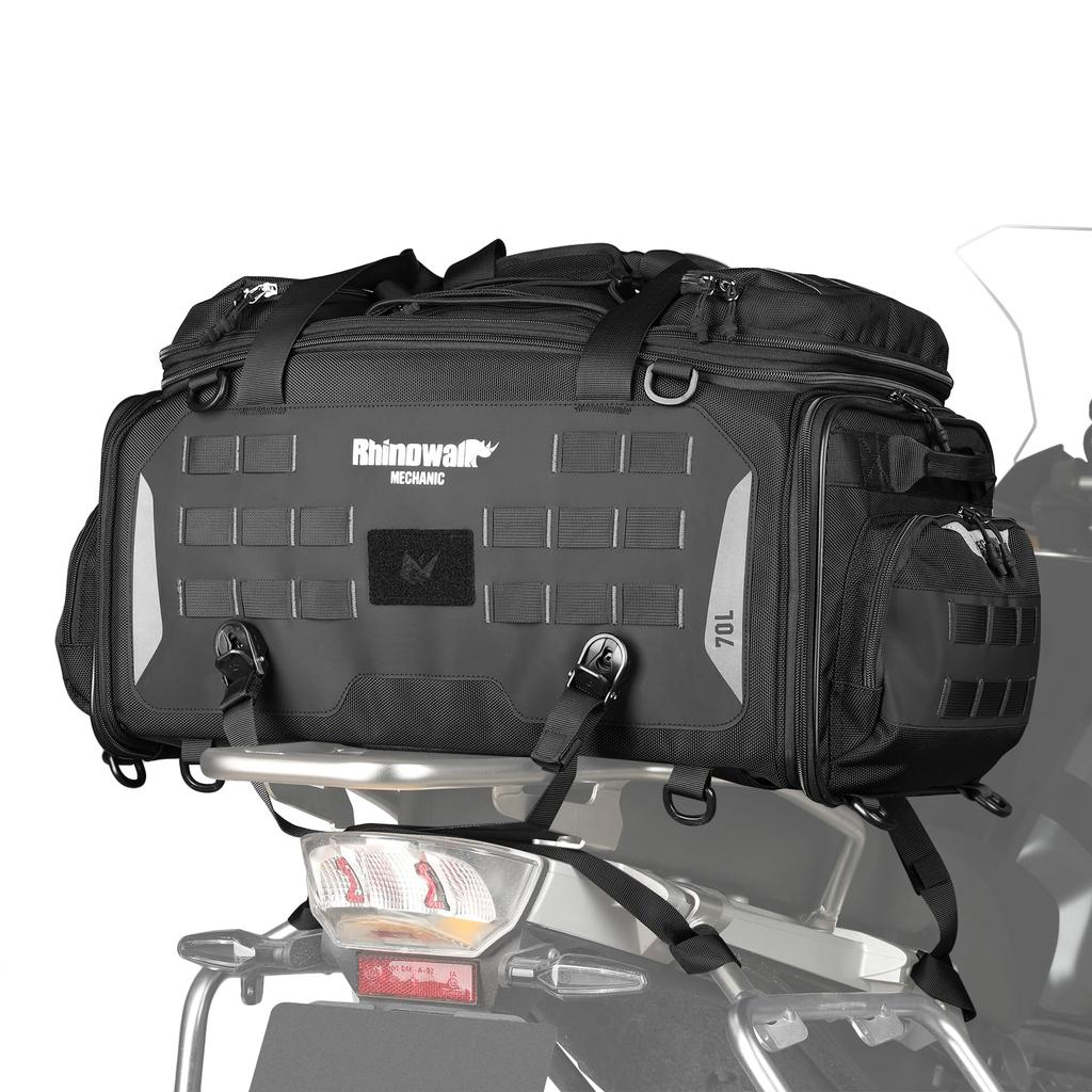 Rhinowalk Motorcycle Travel Luggage Waterproof Luggage Expandable Motorcycle Tail 70L MOLLE System Trunk Rack Bag with Sissy Bar Straps Black Bag,