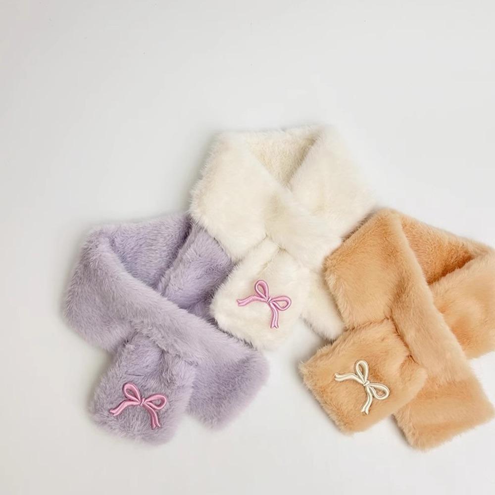 Solid Color Anti-Cold Neckerchief Casual Kids Plush Scarf Sweet Bowknot Scarf Children