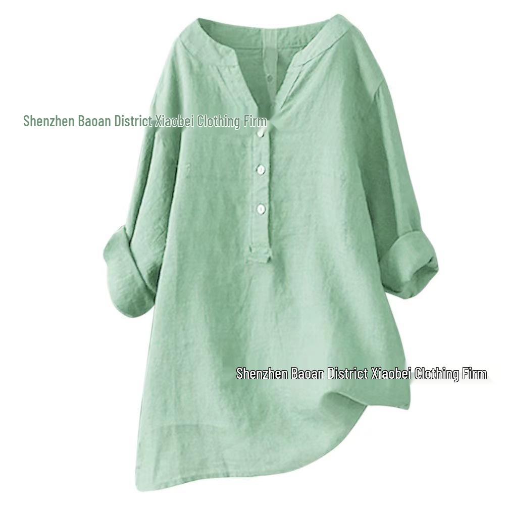 Europäisches und amerikanisches Damen-Top aus Baumwolle und Leinen, locker geschnitten, einfarbig, Modell 2021