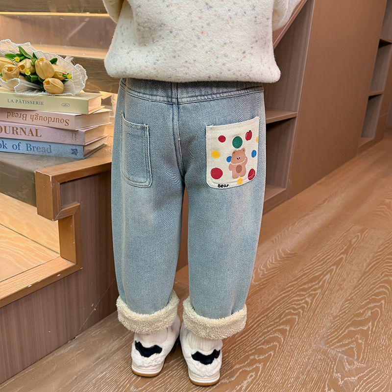 Girls' Winter Fleece-Lined Jeans: Alpaca Fleece One-Piece Warm Casual Pants