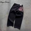 RogueWave Džínové kalhoty s lemem Selvedge a výšivkou Cherry Blossom Y2k Retro Ležérní Volné Rovné Široké Nohy Džíny Vysoké Kvality Hiphop Streetwear
