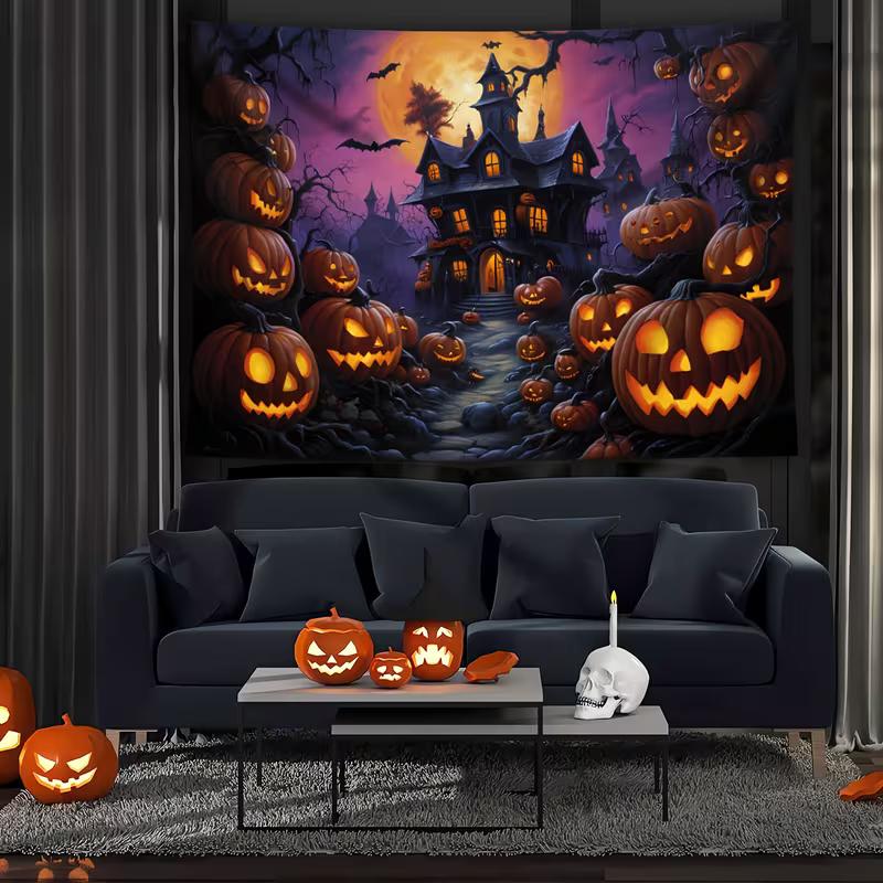 2D Creepy Halloween Tapestry Haunted Mansion with Bats Wall Hanging