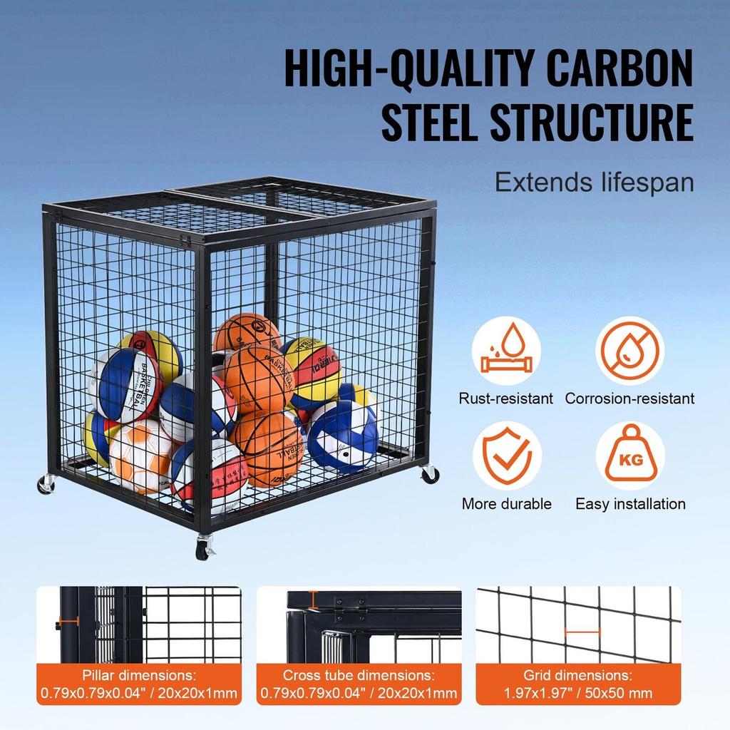 Rolling Sports Ball Storage Cart, Lockable Basketball Cage with Double Lids, Sport Equipment Holder Organizer for Indoor Outdoor, Steel Storage Rack