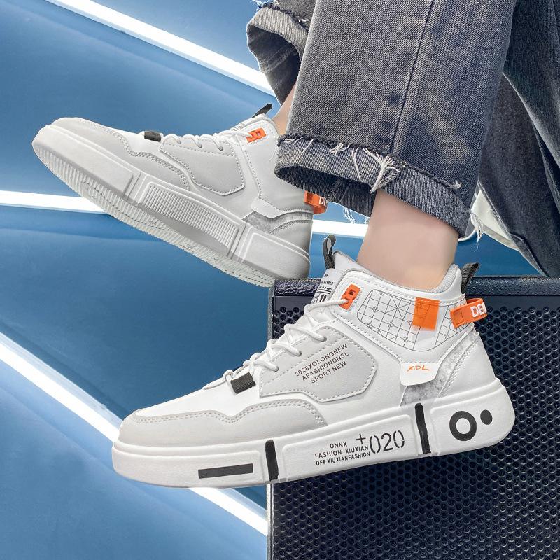 High-top men's shoes autumn and winter leisure sports student little white shoes board shoes adolescent couple velvet warm two cotton shoes