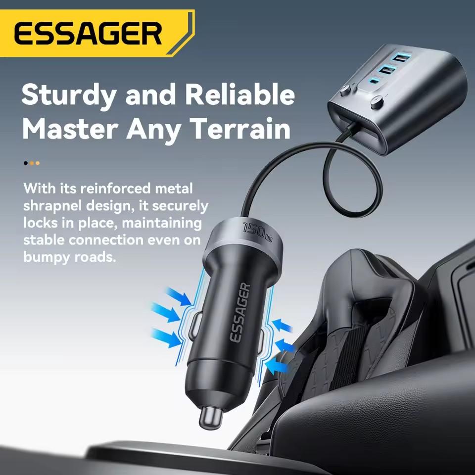 Essager 150W USB C Car Charger 2 in 1 100W Dual Cigarette Lighter Splitter 5 Ports QC 3.0 PD 3.0 Fast Charging For Mobile Phone