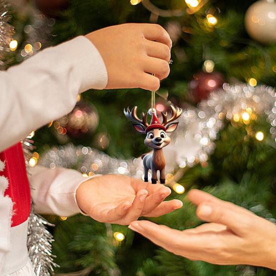 6 Pcs Christmas Reindeer Ornament Cute Cartoon Elk Acrylic Hanging Decoration with Santa Hat 2D Flat Animal Pendant for Holiday Party Accessories
