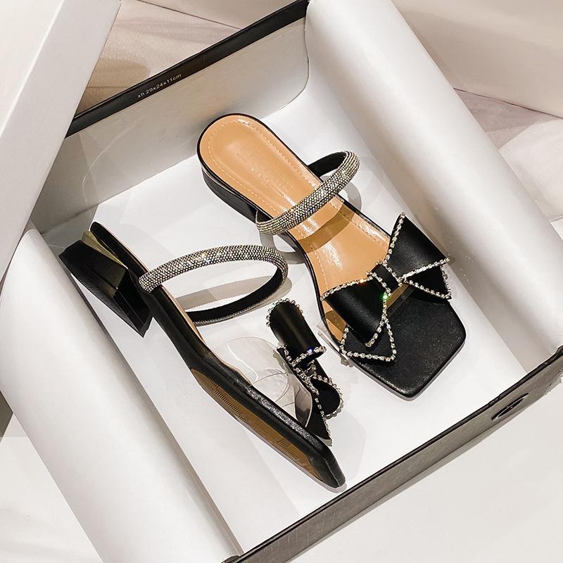 

25 лето новые прозрачные сандалии с инкрустацией бриллиантами корейские средний каблук бант высокий каблук сандалии с открытым носком женская обувь толстый каблук 37