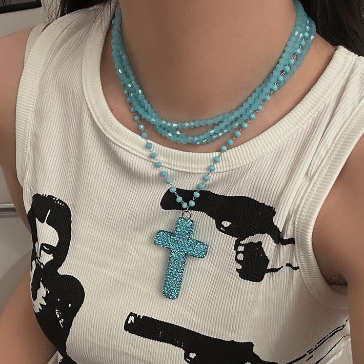 

Y2k Pink Blue Crystal Beaded Cross Pendant Chokers for Women Spice Girls Multilayer Inlay Full Rhinestone Necklace Trend Zircon синій