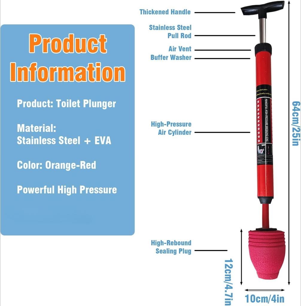 Toilet Plunger Powerful Pneumatic Drain for Clogged Toilets, Instant Unclogger for Paper & Waste, Safe for P