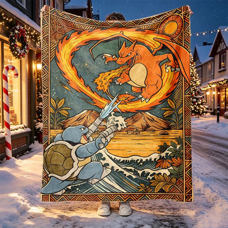 Charizard VS Blastoise Pattern Blanket for Home Decoration, Bed, Sofa, Car Travel, Camping, Suitable for All Seasons, Birthday Christmas Gift
