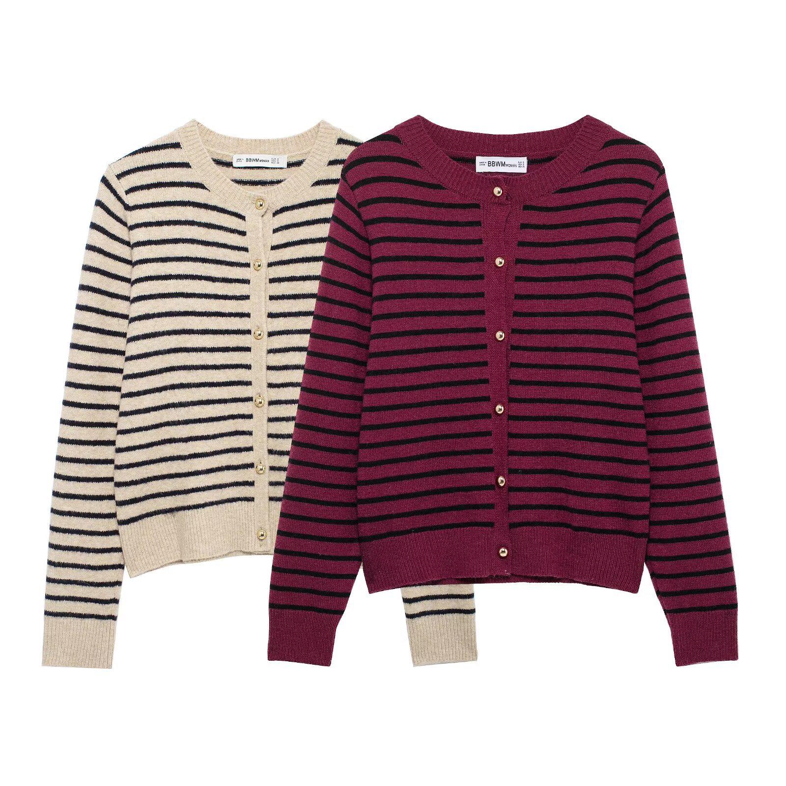 

Spring 2025 Women s Round Neck Striped Knit Cardigan Sweater Small