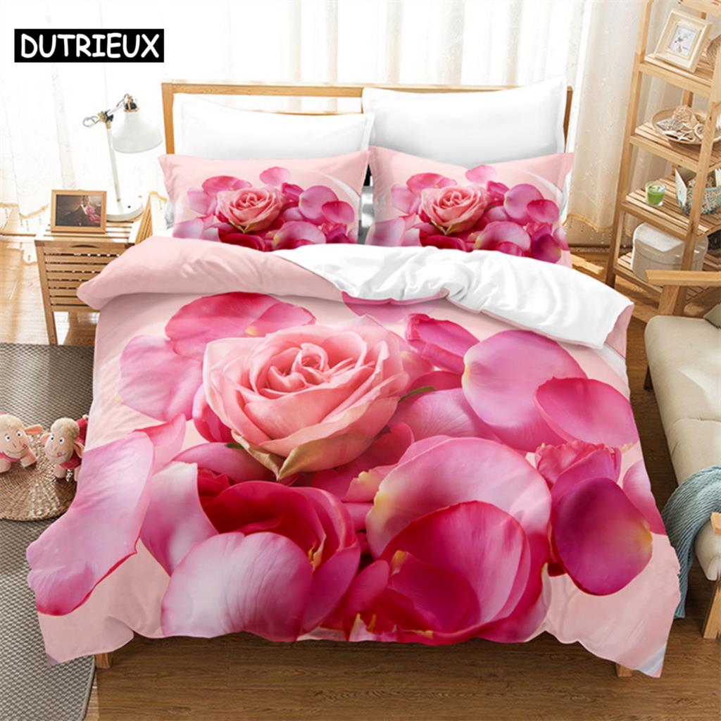 Rosenrosa Verliebte Queen Bettwäsche-Set Bettbezug Kinderzimmer Bett-Set Deckenbezug-Set King-Size Bettbezug-Set Bettwäsche-Sets