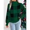 Women European Style Contrast Color Plaid High Neck Long Lantern Sleeve Pullover Sweater