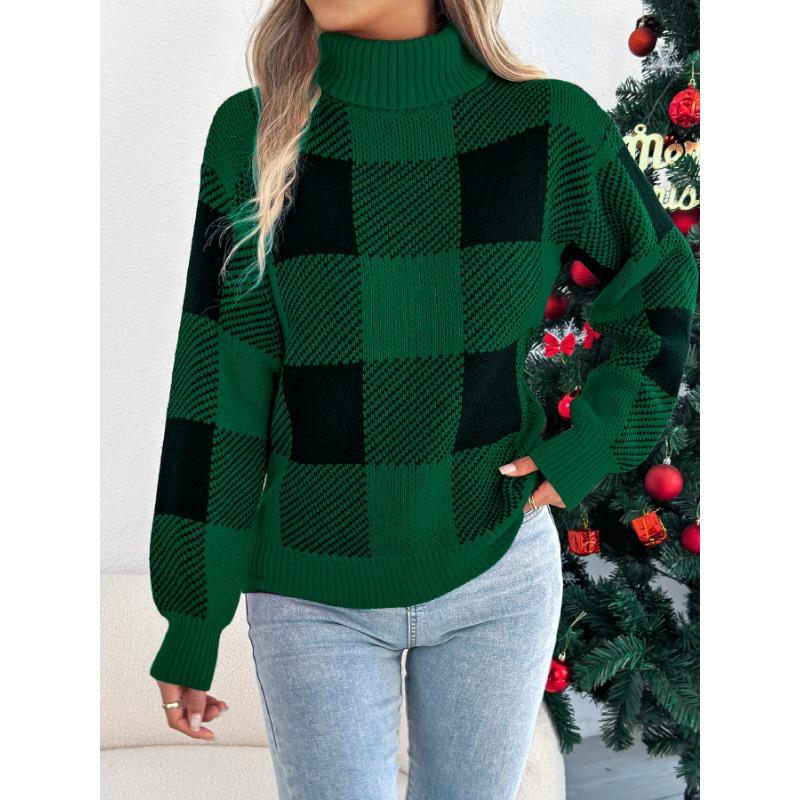 Women European Style Contrast Color Plaid High Neck Long Lantern Sleeve Pullover Sweater