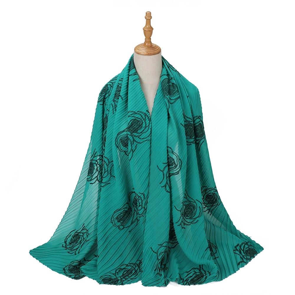 Women Pearl Chiffon Pleated Chiffon Hijab Scarf Islamic Clothing Headscarves Flower Shawls Headwraps For Ladies 70*165Cm