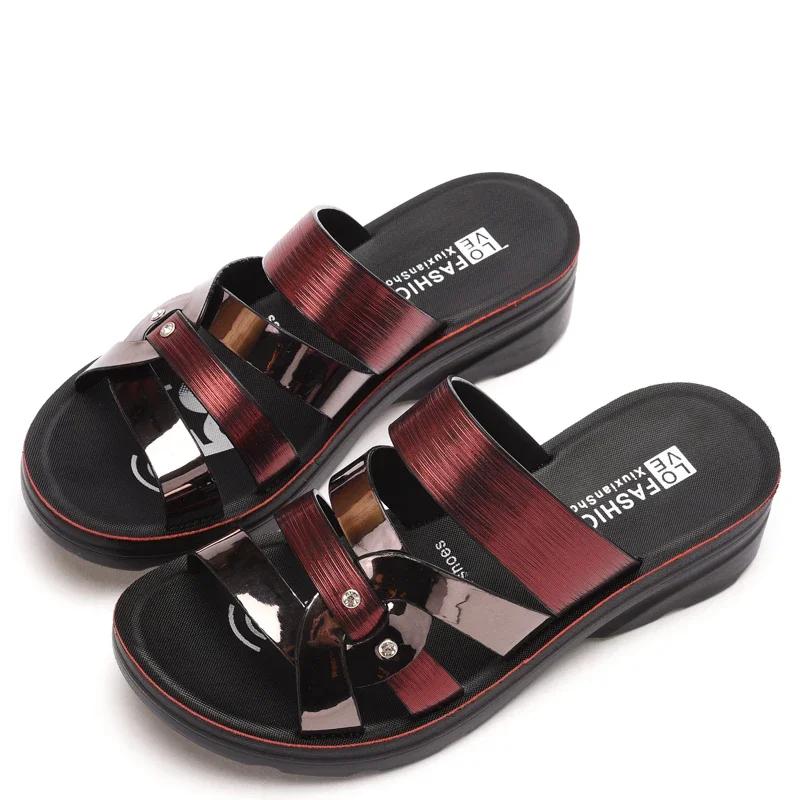 Damen Sandalen Sommer Neu PU Leder Damen Hausschuhe Damen Lässig Strand Keilabsatz Schuhe Mutter Ballerinas Sandalen Bequem