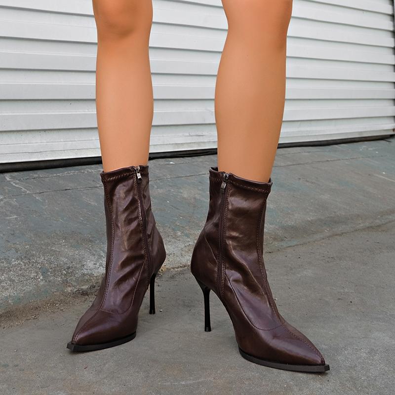Fashion Sexy Stiletto High Heel Ankle Boots Women Plus Size 35-42 Pointed Toe Fashion Boots Woman Zip Pu Leather Short Booties Mujer