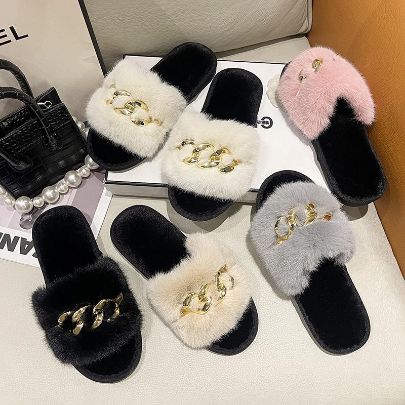 Women's Autumn/Winter Furry Slippers with Metal Chain - Fashionable Warm Flat Fur Slippers