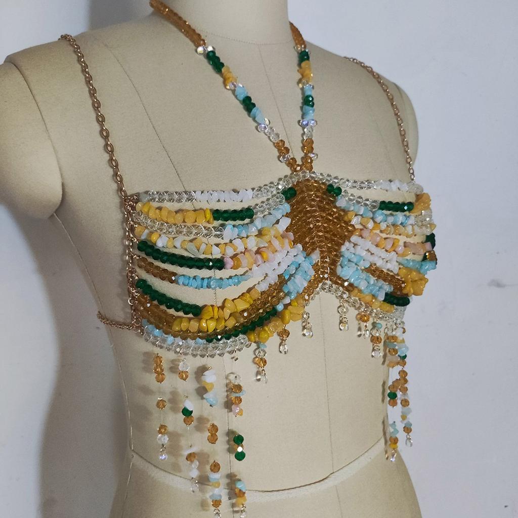 Womens Exotic Colorful Beads Tassels Halter Neck Bra Chain Crop Top Hollowed Body Jewelry Chest Chain for Beach Festival