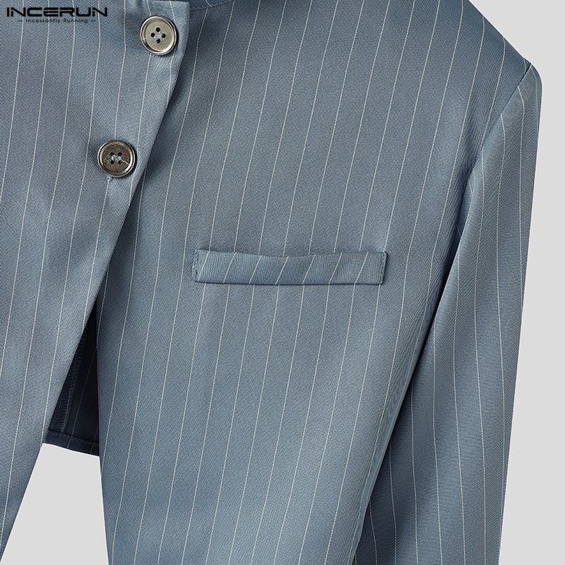 INCERUN Men Striped Outfits Stand Neck Long Sleeve Crop Tops Zip-Up High Waist Long Pants Sets