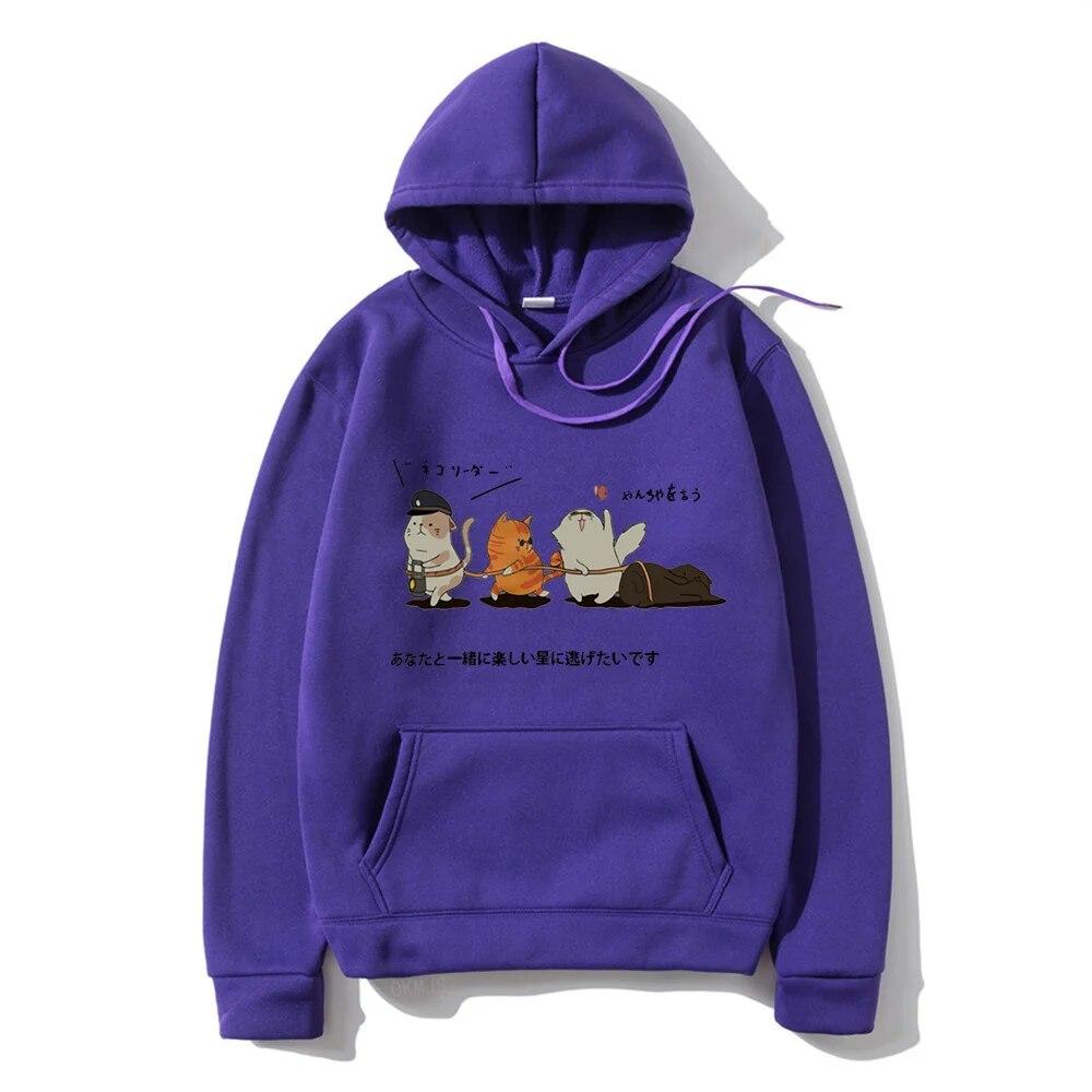 Men Hip Hop Unisex's Hoodies Streetwear Japanese Kanji Harajuku Funny Cat Unisex Hoodies Sweatshirts Autumn Winter Oversized Clothing