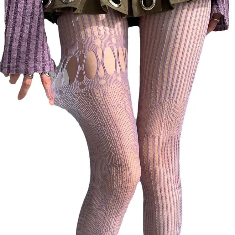 Bas Résille Sexy en Dentelle pour Femmes Lolita Ajouré Uni Collants Irréguliers à Peau Nue pour Femmes Mince Y2k Bas Corps