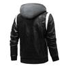 Men's Leather Stand Collar Detachable Hooded Motorcycle Leather Jacket Fashionable Colorblock Coat