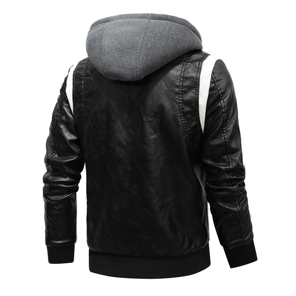 Men's Leather Stand Collar Detachable Hooded Motorcycle Leather Jacket Fashionable Colorblock Coat