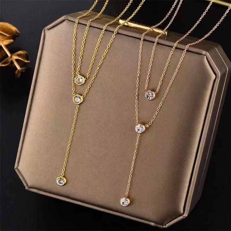 Minimalist Women's Double-Layered Stainless Steel Link Chain Necklace with Zircon Tassel Trendy Fashion Ins Collarbone Style