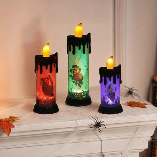Electronic Candle Light, Fun Halloween Spooky LED Candle, 3-Color Flickering Realistic Flame Safe Battery Light for Party Decor Desktop Ornament