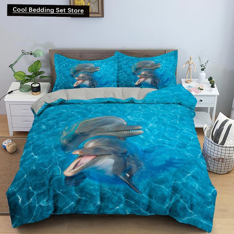 Ocean Dolphin Duvet Cover King Queen Size Cute Dolphin Jumping In The Blue Sea Bedding Set Children 3D Animal Sunset Quilt Cover