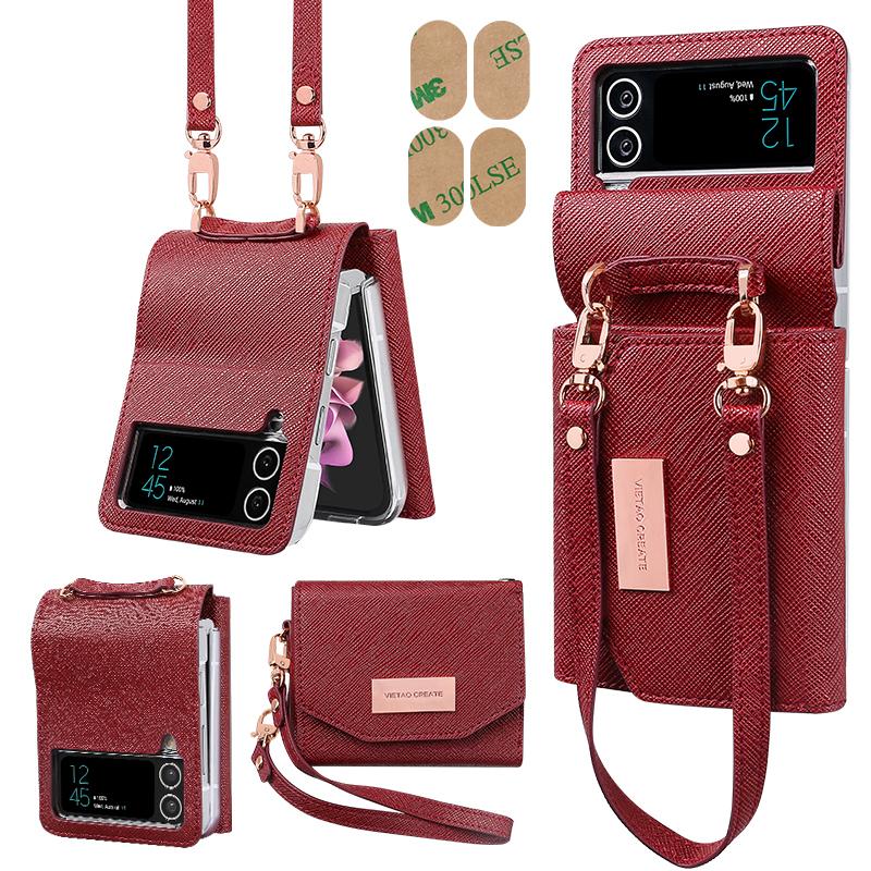 

Vietao-Fashion Кожаный кошелек-браслет, ручной ремешок, чехол для мобильного телефона для Samsung Galaxy Z Flip 6 Flip 5 Flip 4 Flip 3, красный For Samsung Z Flip 4