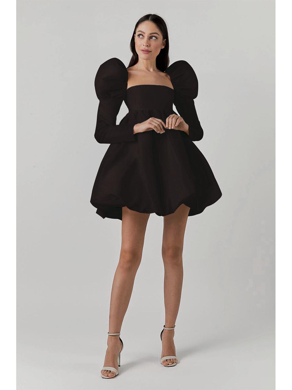 

Elegant Puff Sleeve Satin Party Dress for Women Medium чорний