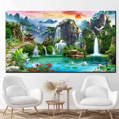Großformatiges 5DDIY-Diamantgemälde, Bergwasserfall, natürlicher See, Kranichstickerei, Feng Shui, Glücksdekoration für zu Hause