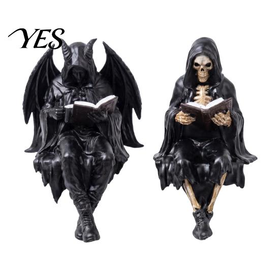 Scultura Diavolo Lettore Halloween Scheletro Statuetta Libro, Scultura Resina Spettrale, Ornamento Gotico Statua Mietitore con Veste Nera per Casa Ufficio