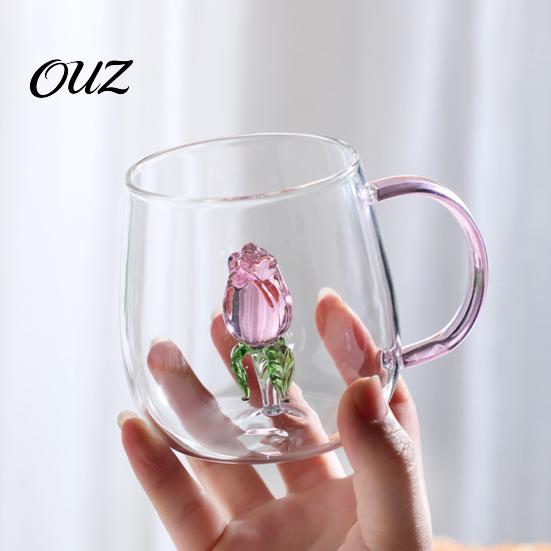 Wiederverwendbarer Glasbecher Handgefertigt Tierpflanzenform Transparent Wassertexturiert Trinkbar Niedlich Kaffee Milchgetränk mit buntem Griffbasis Becher