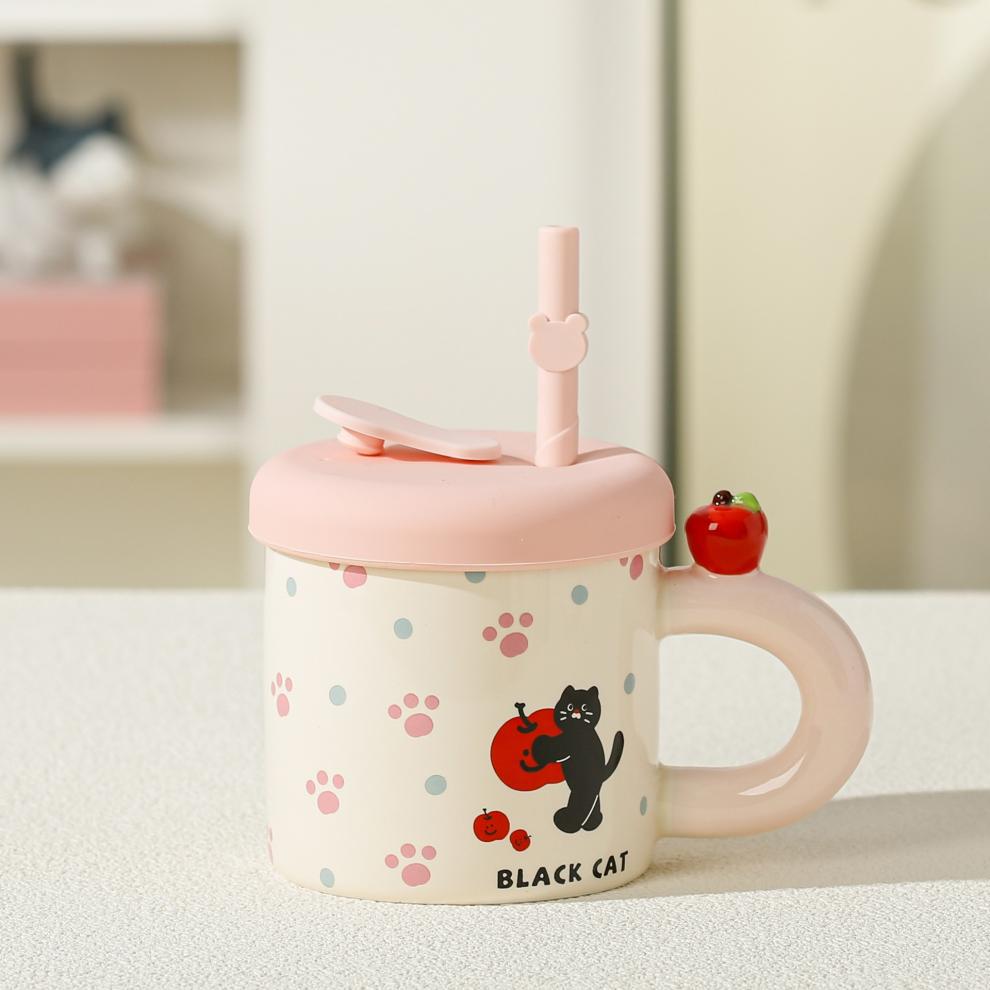 High Value Souvenir Apple Mug with Lid Gift Box Household Water Cup Cute Straw Cup Ceramic Coffee Cup
