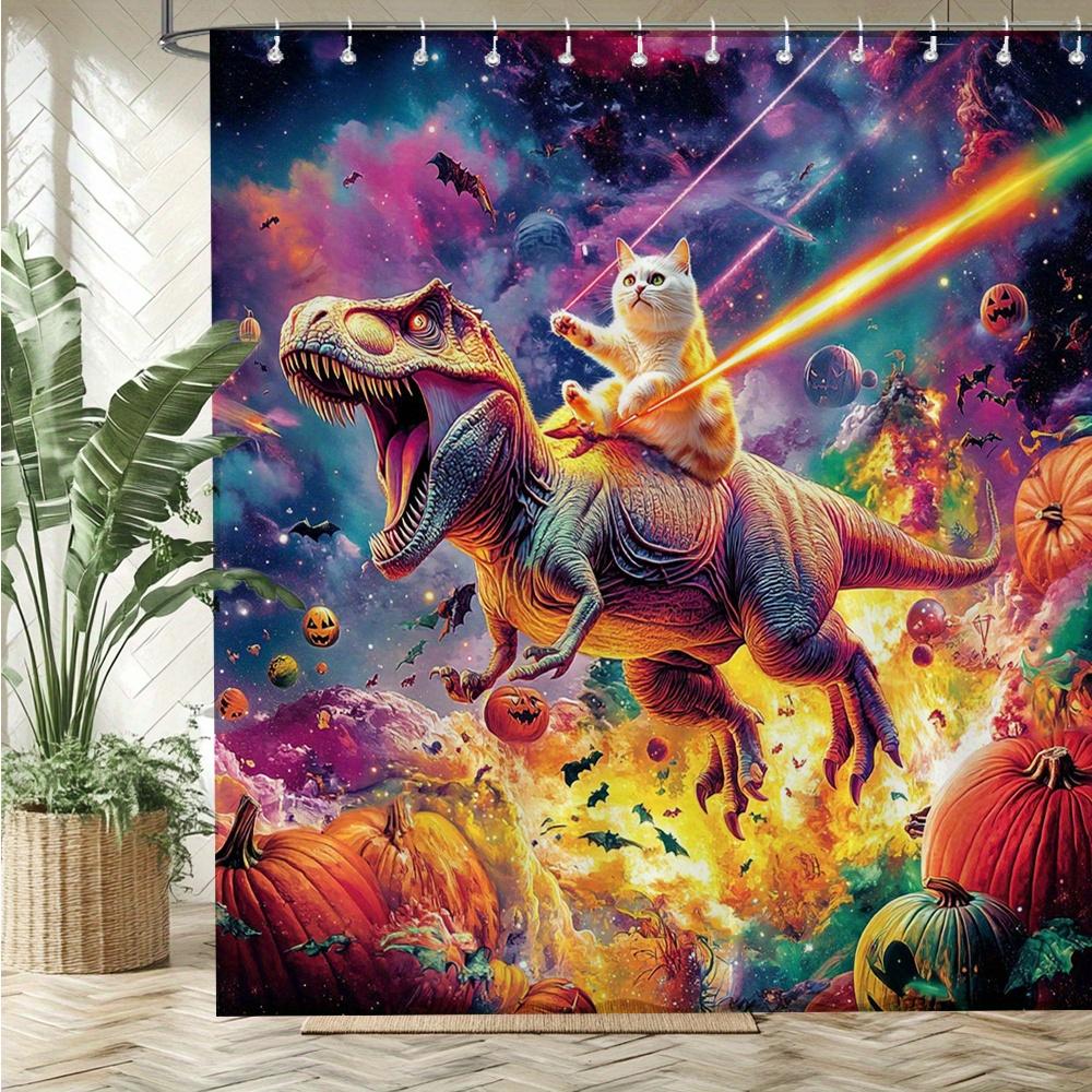 Space Cat Riding Dinosaur Waterproof Mildew-Resistant Shower Curtain - Fantasy Design for a Fun Bathroom Décor Experience