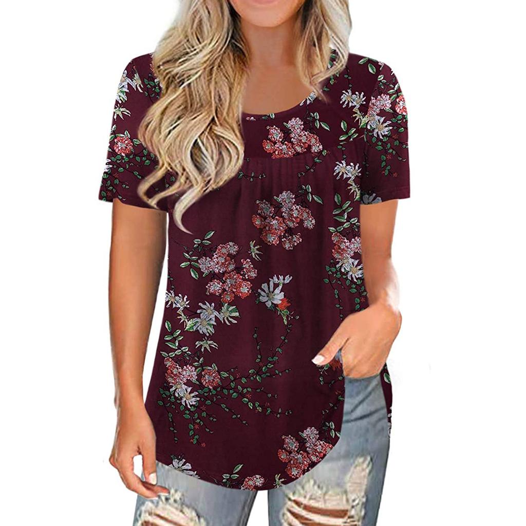 Fashion Women Plus Size Round Neck Print Short Sleeve Casual Pullover Tops